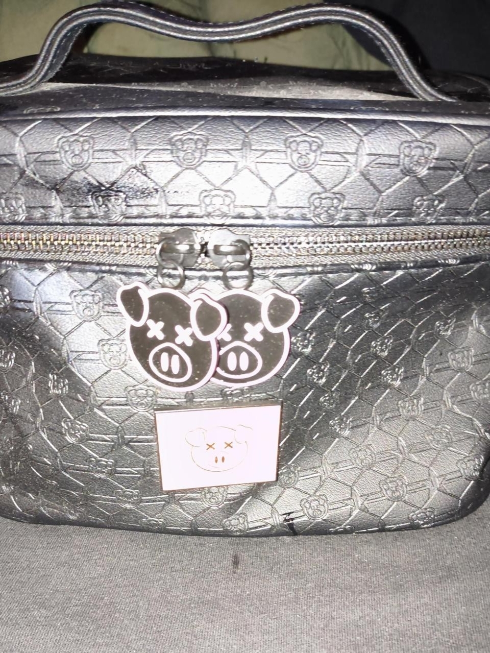 Black Embossed Cosmetic Bag with Pig Charm